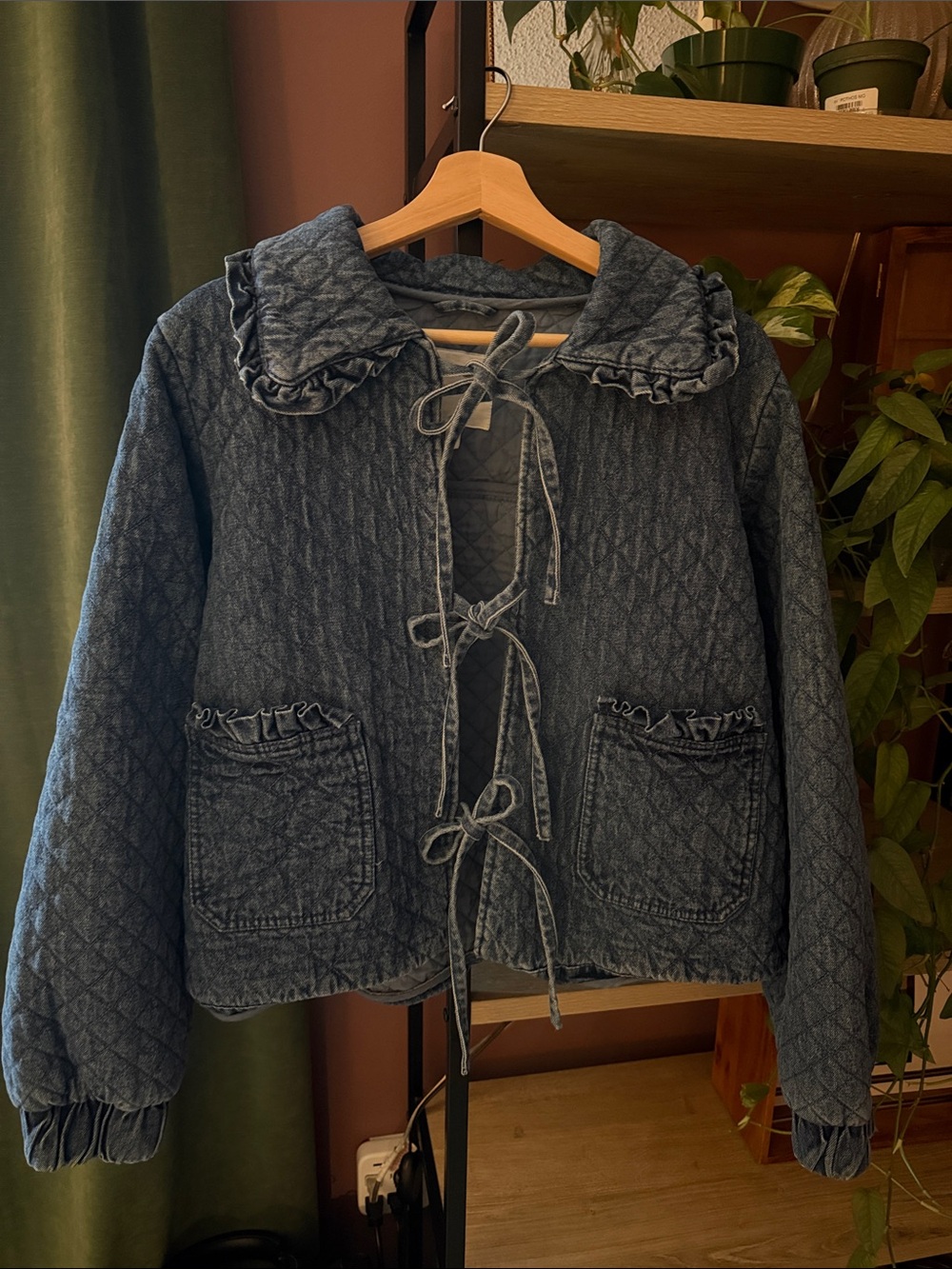 Avec Les Filles Quilted Ruffle Collar Denim Jacket